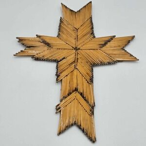 Handmade Burnt Wood Matchstick Cross Crucifix Religious Folk Tramp Art 11"